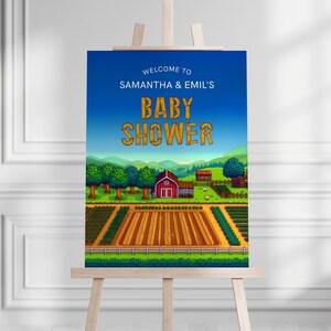 May include: A blue and white baby shower sign with a pixelated farm scene. The sign says "Welcome to Samantha & Emil's Baby Shower".