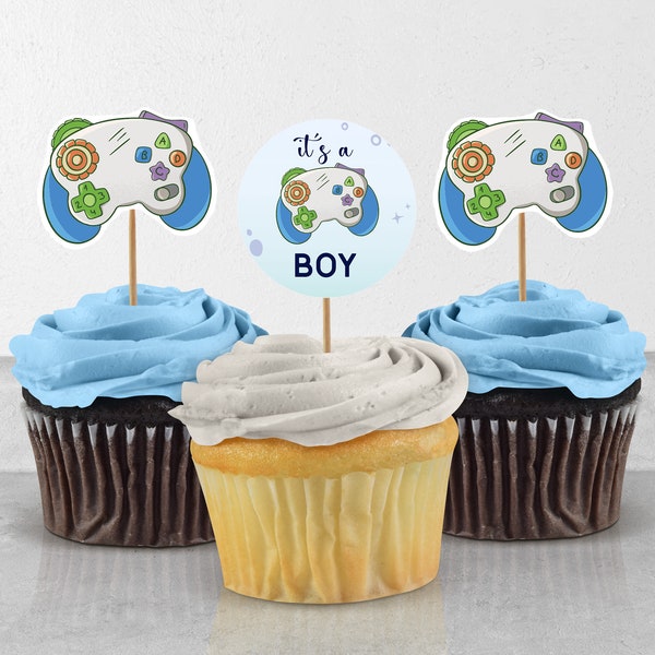 Player 3 in Entering Cupcake Toppers, Video Game Baby Shower Cake Toppers, Game Controller Nerdy Gamer Decorations, Blue for Boy 0026BS