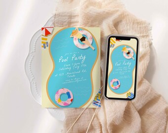 Summer Pool Party Invitation, Swimming Hangout Family Reunion Kids Children Minimal Fun Beach Whimsical Mobile Birthday Girls Day 0094 INVT