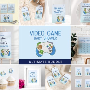 Paquete maestro de videojuegos de jugador de bienvenida 3, invitación de baby shower nerd azul, invitación de ducha de jugador, cartel de bienvenida, etiqueta de regalo de cupcake topper 0026BS