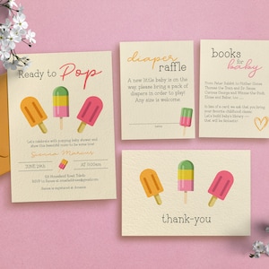 Ready to POP Baby Shower Invitation Bundle, Girl Summer Baby Shower Invite, Popsicle Shower Invite, Diaper Raffle, Books for Baby 0022BS