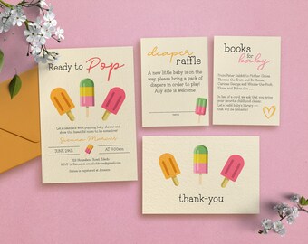 Ready to POP Baby Shower Invitation Bundle, Girl Summer Baby Shower Invite, Popsicle Shower Invite, Diaper Raffle, Books for Baby 0022BS