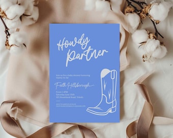 Howdy Partner Cowboy Baby Shower Invitation, Wild West, Western Horseshoe Modern Simple Boots Cowboy Hat Country Rodeo Blue Boy Edit 0084BS