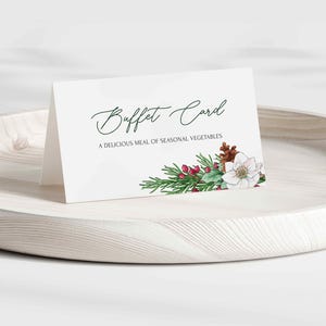 Elegante kerstbuffetkaart, voedseletiket tentkaartbordje, verjaardag babyshowerfeest aangepaste kerstmis dennenappel hulst kerstmis sjabloon 0052BS INV