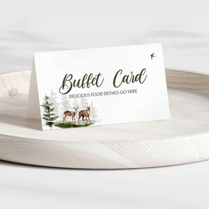 Buffetkaart herten en bos, voedseletiket tentkaart bord, verjaardag, vrijgezellenfeest babyshower hert bos rustiek elegant groen 0059BS