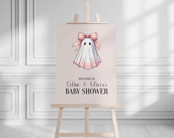 A Little Boo is Due Welcome Sign, Halloween Baby Shower Easel Sign, Modern Pink Coquette Ghost for Girl, Autumn September October 0070BS