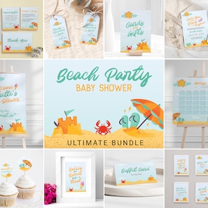 Pacote final para festa na praia, convite para chá de bebê de verão, etiqueta de boas-vindas, cupcake topper comida buffet jogo de cartas mar oceano areia 0025BS