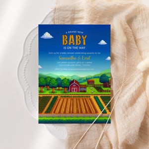 May include: A blue and green baby shower invitation with a pixelated farm scene. The text reads "A Brand New Baby Is On The Way" and includes the names Samantha & Emil, the date and time of the event, and the address. RSVP information is also included.