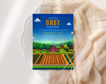 Stardew Valley Inspired Baby Shower Invitation, Farm Video Game, Farming Cozy Gaming, Barn, Pixel Art Gamer Digital Editable Template 0064BS