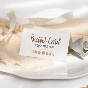 Carte de buffet du zodiaque bohème, signe de carte de tente d'étiquette de nourriture, anniversaire, baby shower, modèle modifiable personnalisé mystique céleste de phases de lune 0065BS