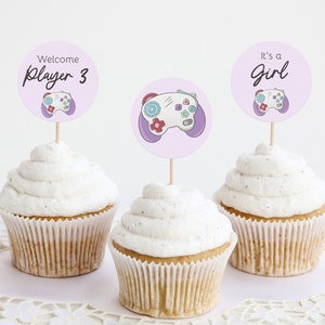 Welcome Player 3 Cupcake Toppers, Video Game Baby Shower Cake Toppers, Next Level Game Controller Nerdy Decorations Purple for Girl 0055BS