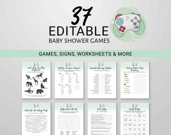 Video Game Baby Shower Games, 37 Games, Player 3 is Entering, Nerdy Printable 8.5x11, Gamer Signs Editable Green Gender Neutral 0055BS
