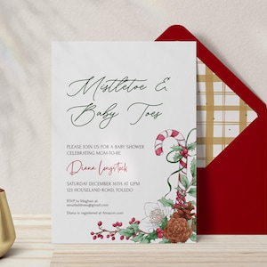 Elegant Christmas Baby Shower Invite, Mistletoe and Baby Toes, Xmas Holiday Winter Pinecone Candy Cane Evergreen Greenery Minimal 0052BS