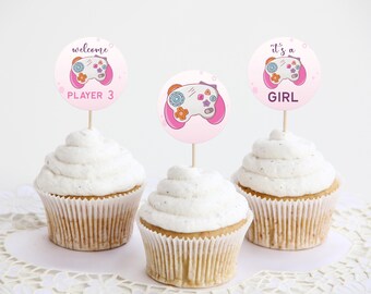 Player 3 in Entering Cupcake Toppers, Video Game Baby Shower Cake Toppers, Game Controller Nerdy Gamer Decorations, Pink for Girl 0026BS