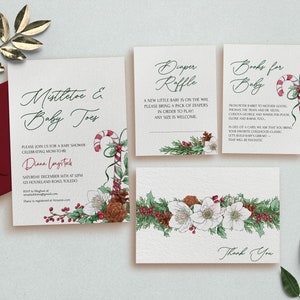 Elegant Christmas Baby Shower Invite, Mistletoe Xmas Holiday Winter Pinecone Candy Cane Evergreen, Books for Baby, Diaper Raffle 0052BS