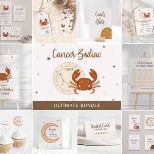 Bundle ultime du zodiaque cancer, invitation baby shower bohème, cadeau étiquette de faveur, panneau de bienvenue pour décoration de petit gâteau buffet de nourriture jeu de cartes lune d'automne 0065BS