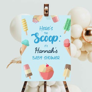 Ice Cream Baby Shower Welcome Easel Sign, Popsicle, Spring, Summer Shower Poster, Sweet Treat, Ready to Pop, Here’s the Scoop Blue 0031BS