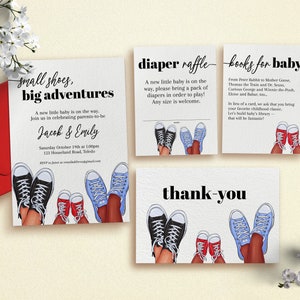 Paquete de invitación para baby shower con zapatos pequeños, zapatillas Converse, personalización familiar, ropa de bebé, LGBTQ, sorteo de pañales, libros para bebé 0032BS