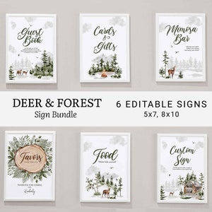 Cervo nella foresta Segni di festa, cibo, libro degli ospiti, Mimosa Bar, cibo, favori, personalizzato, bosco rustico verde nuziale Baby Shower addio al celibato 0059BS