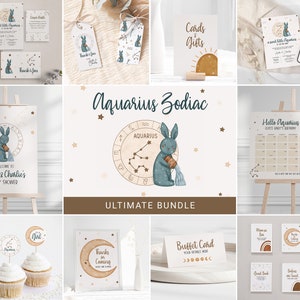 Bundle ultime du zodiaque Verseau, invitation baby shower bohème, cadeau étiquette de faveur, panneau de bienvenue pour décoration de petit gâteau buffet de nourriture jeu de cartes hiver 0065BS