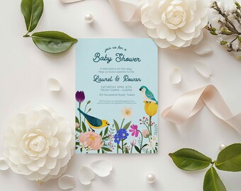 Birds and Bloom Baby Shower Invitation, Garden Flowers Tulip Daisy Floral Birdie About to Hatch Spring Easter Summer Floral Neutral 0092BS
