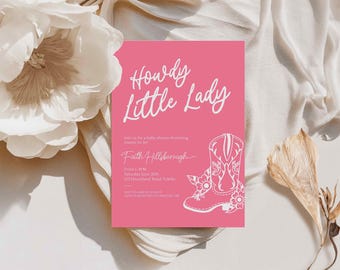 Howdy Little Lady Cowgirl Baby Shower Invite Bundle, Wild West, Western, Boots Cowboy Hat Country Rodeo Pink Horseshoe Modern Simple 0084BS