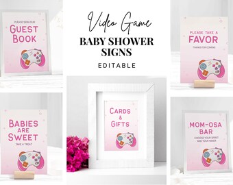 Player 3 is Entering Baby Shower Sign Bundle, 6 Signs Momosa Bar, Favors, Cards & Gifts, Guest Book, Babies are Sweet Video Game Pink 0026BS