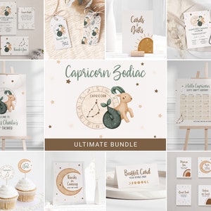 Bundle ultime du zodiaque Capricorne, invitation baby shower bohème, cadeau étiquette de faveur, panneau de bienvenue pour décoration de petit gâteau buffet de nourriture jeu de cartes hiver 0065BS
