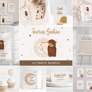 Ensemble ultime du zodiaque taureau, invitation baby shower bohème, cadeau étiquette de faveur, panneau de bienvenue pour décoration de petit gâteau buffet de nourriture jeu de cartes lune de printemps 0065BS