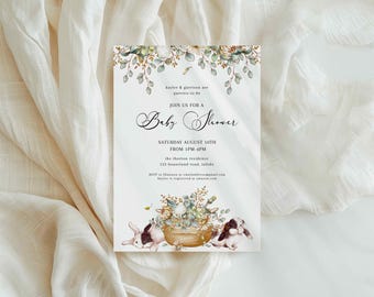 Bunny Baby Shower Invitation, Rustic Greenery Rabbit Eucalyptus Bloom Invite, Floral Cotton, Gender Neutral Spring Elegant Formal 0087BS