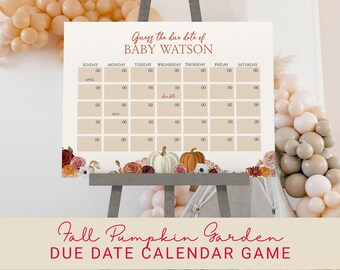 Op de afbeelding: Een printbaar babyshower-spel met een herfstthema. Het spel is een uitgerekende datumkalender voor gasten om de uitgerekende datum van Baby Watson te raden. De kalender heeft een bruine achtergrond met witte vierkanten en zwarte tekst. De kalender is versierd met herfstbloemen, pompoenen en bladeren.