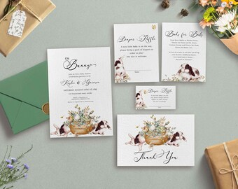 Bunny Baby Shower Invitation, Elegant Greenery Rabbit Eucalyptus Shower Invite, Floral Cotton, Neutral Books for Baby, Diaper Raffle 0088BS