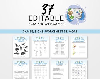 Video Game Baby Shower Games, 37 Games, Player 3 is Entering, Nerdy Printable 8.5x11, Gamer Signs Editable Blue for Boy 0026BS