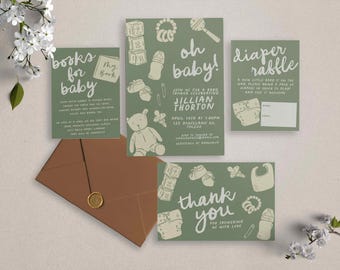 Whimsical Baby Shower Invitation for Boy or Girl, Oh Baby Invite, Green Gender Neutral, Books for Baby, Diaper Raffle, Thank You 0096BS
