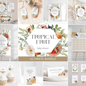 Lot ultime de fruits tropicaux, invitation baby shower, étiquette de cadeau, plaque de bienvenue pour cupcakes, buffet, jeu de cartes, pastèque florale, verdure 0067BS