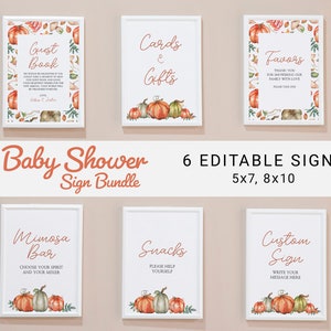 May include: Six printable baby shower signs with a fall theme. The signs feature watercolor illustrations of pumpkins and leaves. The signs include "Guest Book", "Cards & Gifts", "Favors", "Mimosa Bar", "Snacks", and "Custom Sign".