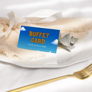 Cartão de buffet inspirado em Stardew Valley, placa de cartão de barraca com etiqueta de comida, aniversário, chá de bebê, modelo editável de pixel art de videogame de fazenda 0064BS