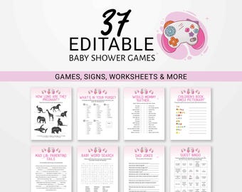 Video Game Baby Shower Games, 37 Games, Player 3 is Entering, Nerdy Printable 8.5x11, Gamer Signs Editable Pink for Girl 0026BS