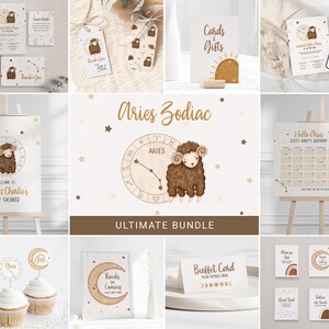 Aries Zodiac Ultimate Bundle, Boho Baby Shower Invite, Gift Favor Tag Welcome Sign Cupcake Topper Food Buffet Card Game Winter Moon 0065BS