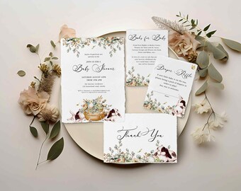 Bunny Baby Shower Invitation, Rustic Greenery Rabbit Eucalyptus Bloom Invite, Floral Cotton, Neutral Books for Baby, Diaper Raffle 0087BS