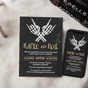 Skeleton Halloween Party Invitation, Skeleton Hands, Rock and Roll, Digital Invitation, Adult Halloween Party Invite, Costume Party 0046 INV