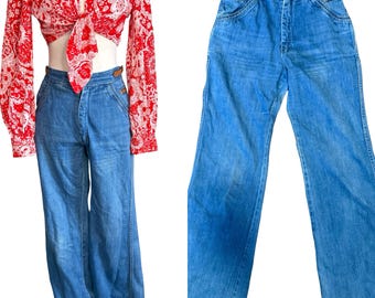 70s vintage Gamin jeans with leather pockets | 1970s flare jeans with leather accents 100% cotton