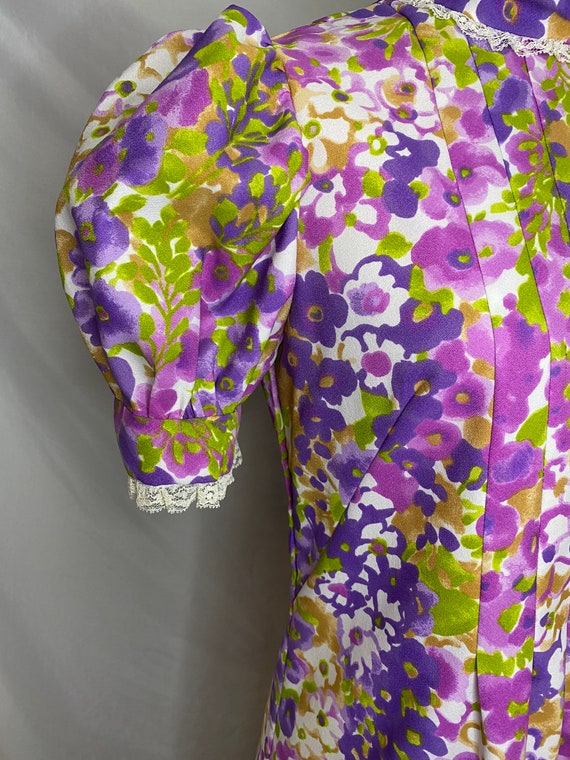 70s bright watercolor floral high neck maxi dress… - image 5