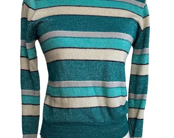 70s Metallic Striped Turtleneck Sweater | Teal Sparkly Knit