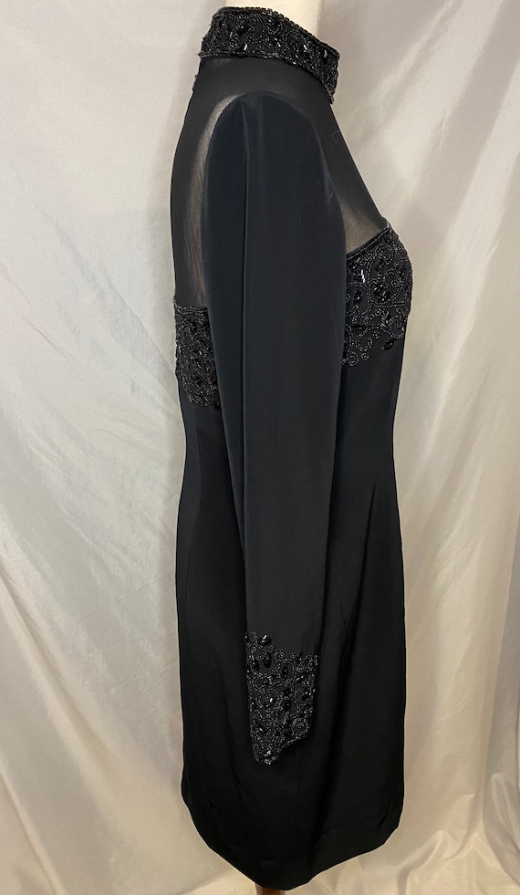 90s Oleg Cassini black tie black sheer beaded dre… - image 5