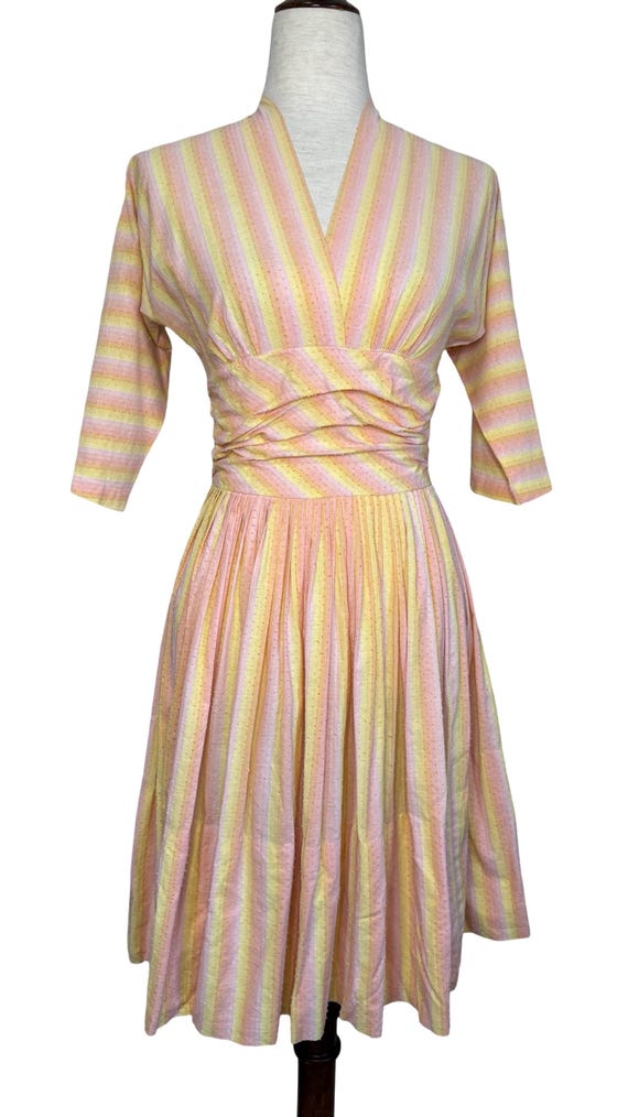 50s Swiss dot rainbow sherbet striped dress | vin… - image 2