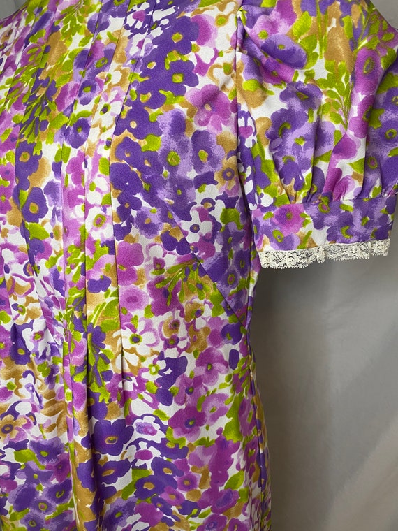 70s bright watercolor floral high neck maxi dress… - image 4