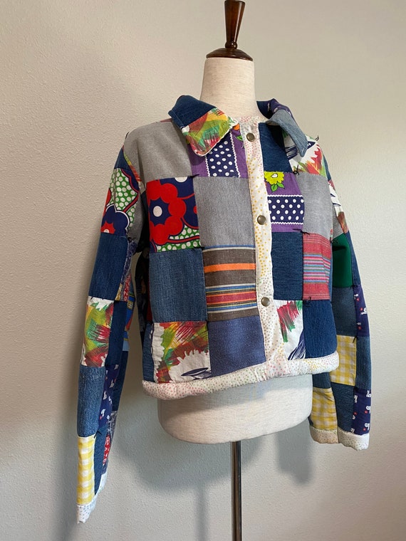 Vintage upcycled 70s patchwork quilt cropped jack… - image 2