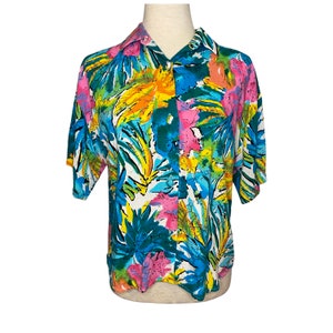 90s Judy Knapp California bright tropical abstract blouse | vintage tropical abstract button up | 90s Judy Knapp button up top