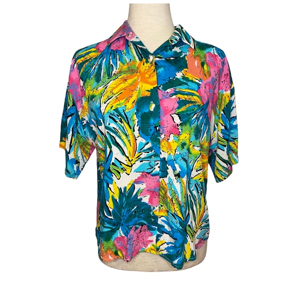 90s Judy Knapp California bright tropical abstract blouse | vintage tropical abstract button up | 90s Judy Knapp button up top